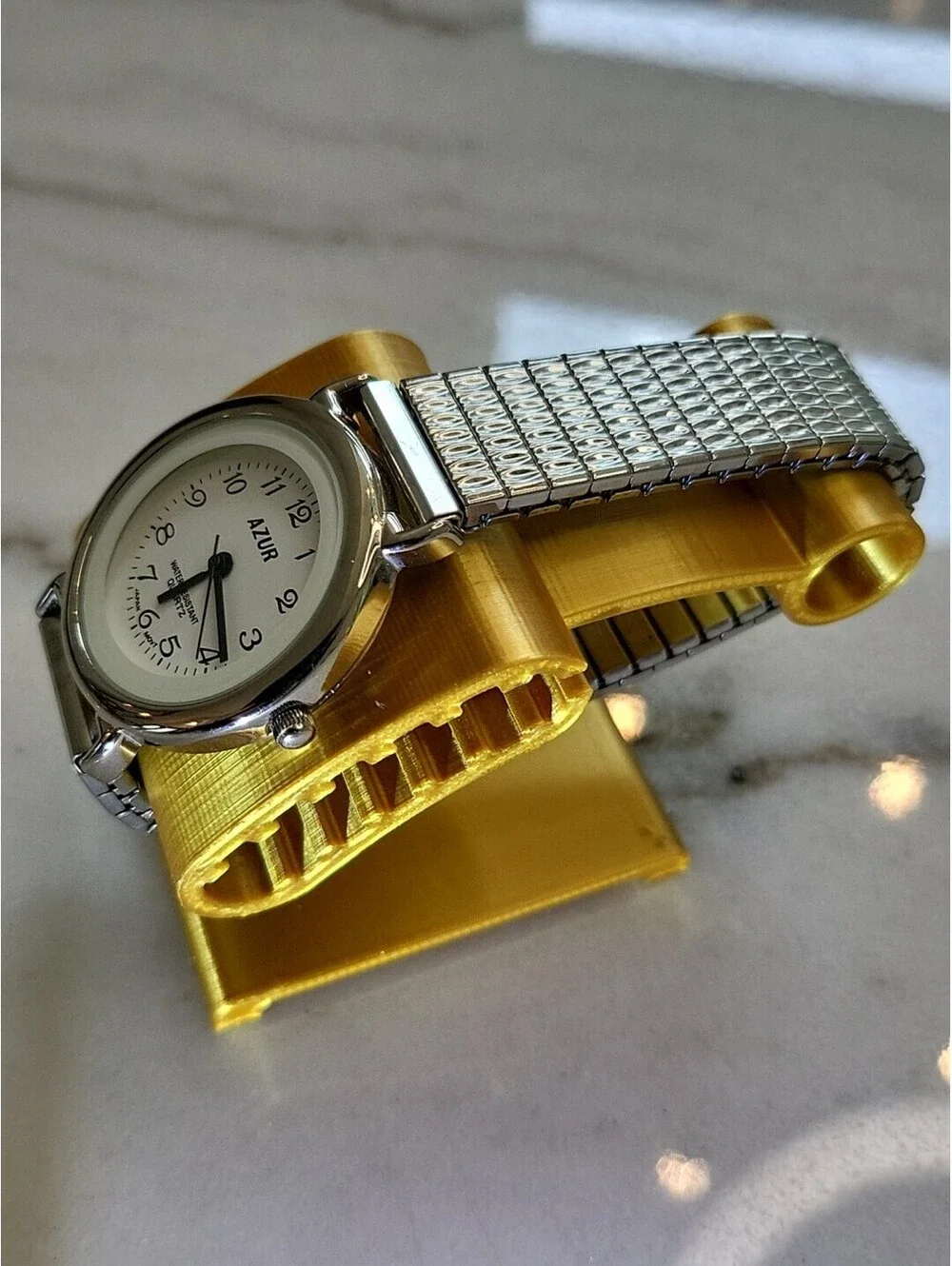 Vtg Azur Womans Watch New Battery Silvertone Stretch Bracelet 32mm Works EUC